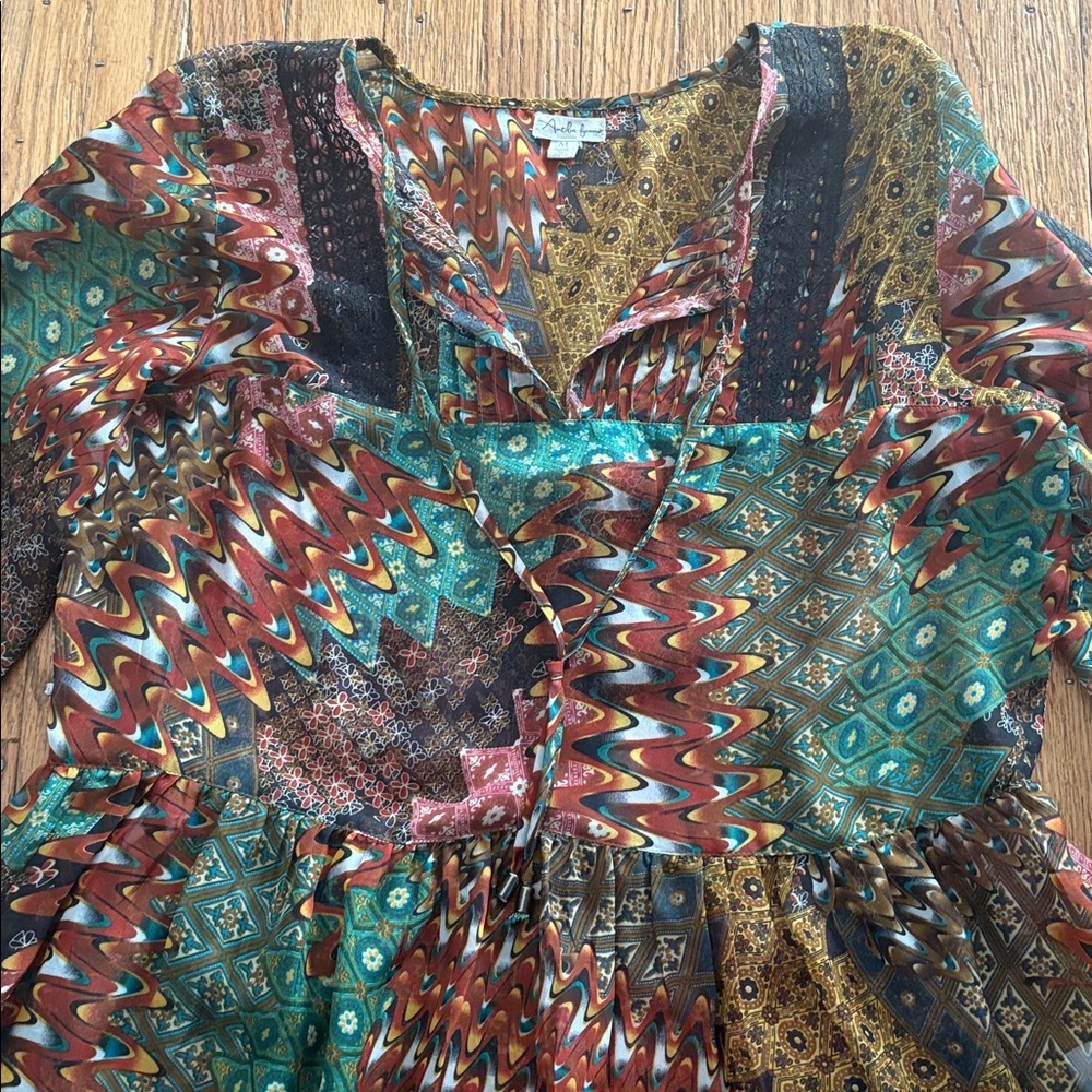 Antilia Femme Semi Sheer Peasant Boho Long Bell Sleeve Top Rust Teal M - Picture 2 of 8
